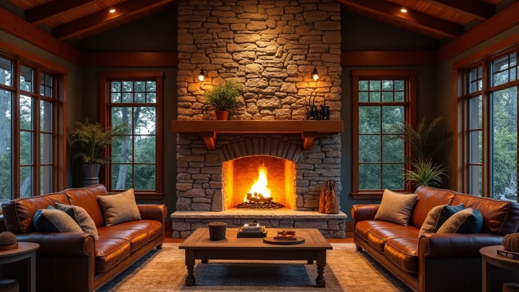 A cozy craftsman living room with a glowing stone fireplace at HearthCraft
