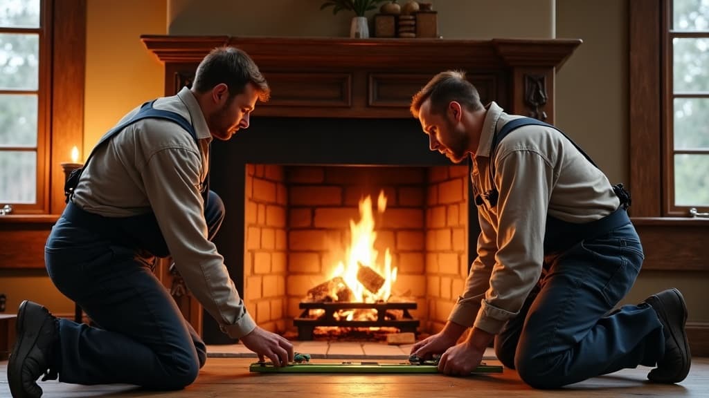 HearthCraft technicians installing a custom mantel